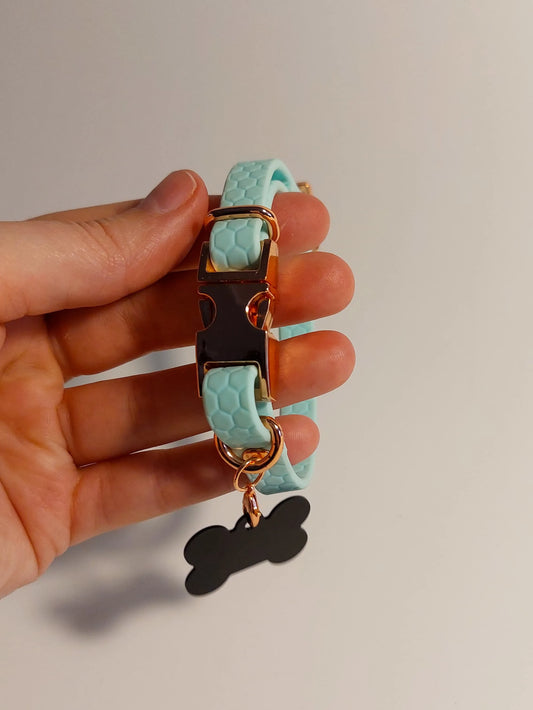 Pastel blue cat collar with ID tag